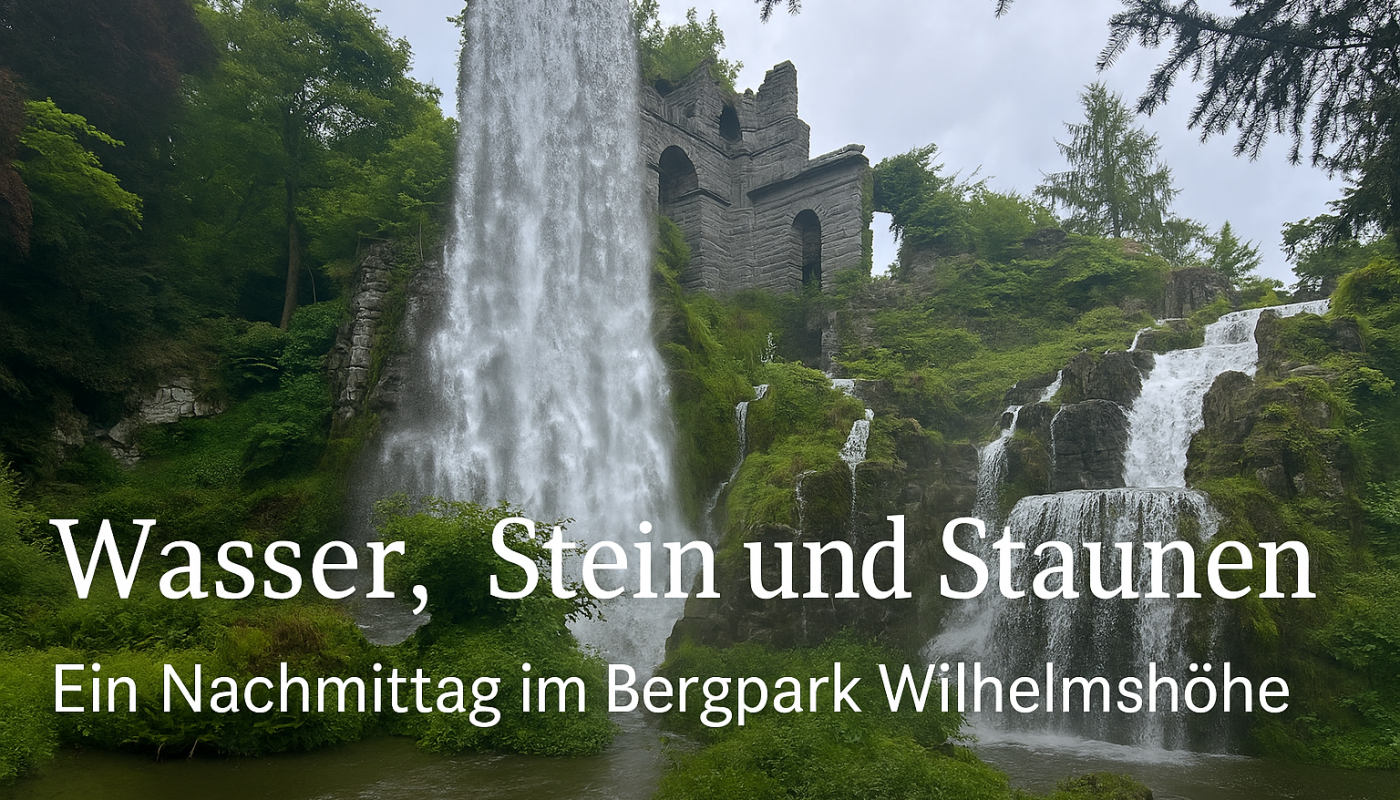 Blick auf den großen Wasserfall am Aquädukt im Bergpark Wilhelmshöhe in Kassel: Das Wasser stürzt aus einer künstlichen Ruine inmitten üppiger Vegetation hinab, während der Titel „Wasser, Stein und Staunen – Ein Nachmittag im Bergpark Wilhelmshöhe“ dezent am unteren Bildrand eingeblendet ist.