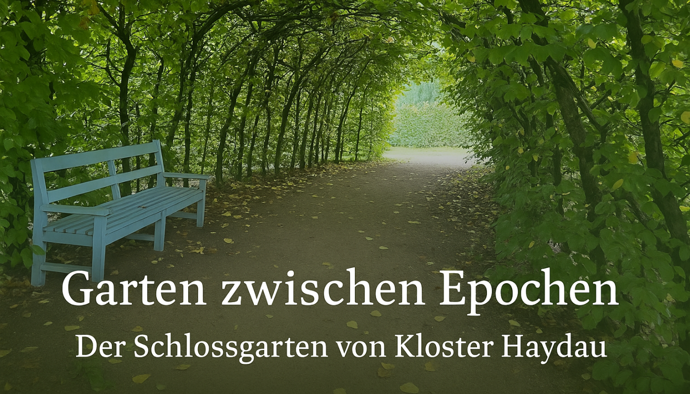 Laubüberwölbter Weg mit blauer Holzbank im Schlossgarten von Kloster Haydau, der Blick führt in einen lichten Durchgang.