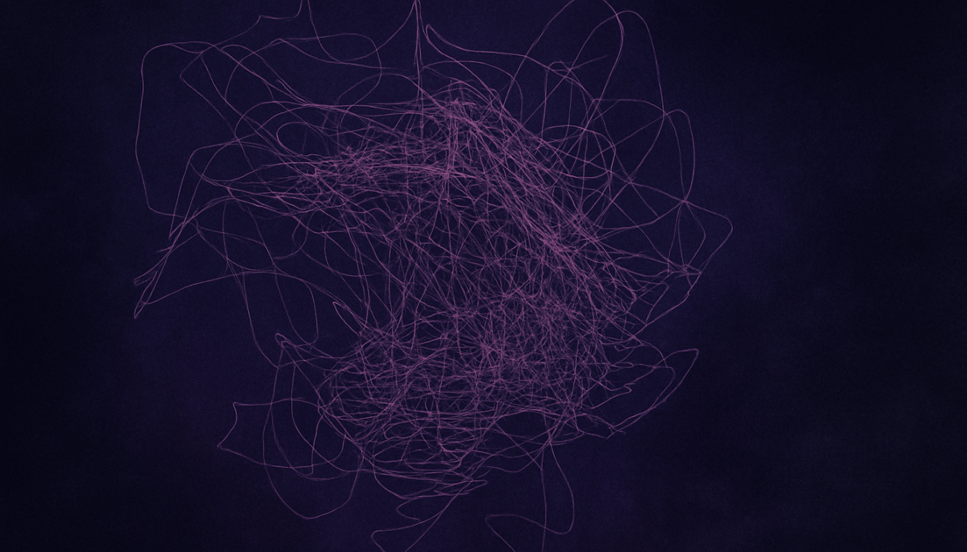 Verfremdete abstrakte Linienzeichnung auf dunklem Hintergrund. Feine, chaotisch verwobene Linien in violetten Tönen bilden ein zentrales Geflecht, das an ein Fadenknäuel erinnert. Das Bild wirkt wie ein visuelles Echo auf innere Zustände – tastend, suchend, traumartig.