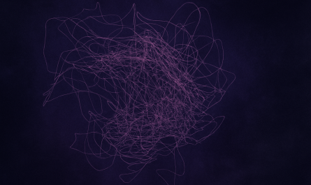 Verfremdete abstrakte Linienzeichnung auf dunklem Hintergrund. Feine, chaotisch verwobene Linien in violetten Tönen bilden ein zentrales Geflecht, das an ein Fadenknäuel erinnert. Das Bild wirkt wie ein visuelles Echo auf innere Zustände – tastend, suchend, traumartig.