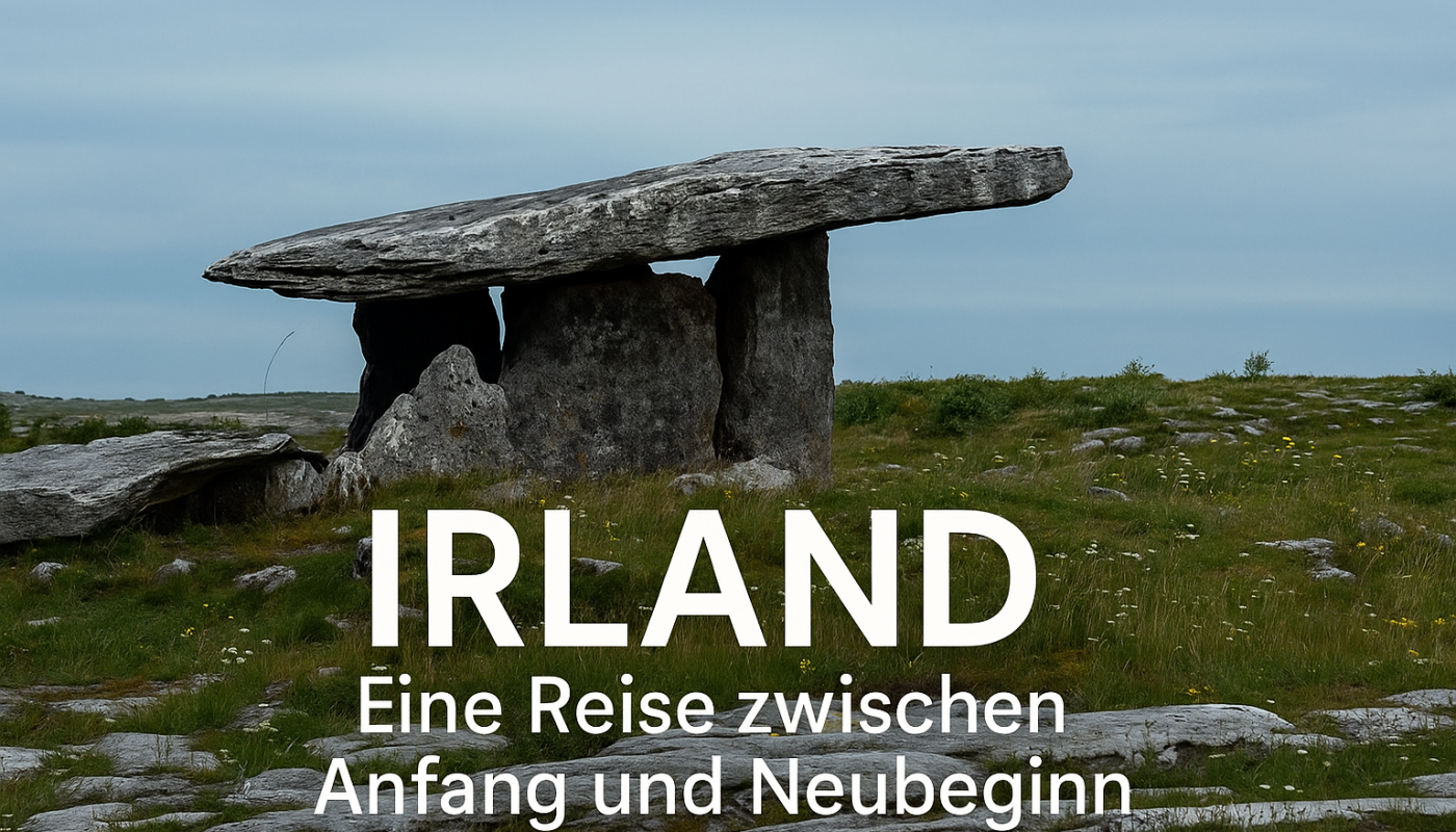 Poulnabrone Dolmen in Irland – ein steinzeitliches Grabmonument inmitten karger Landschaft unter grauem Himmel. Das Foto trägt den Titel: „Irland – eine Reise zwischen Anfang und Neubeginn“.